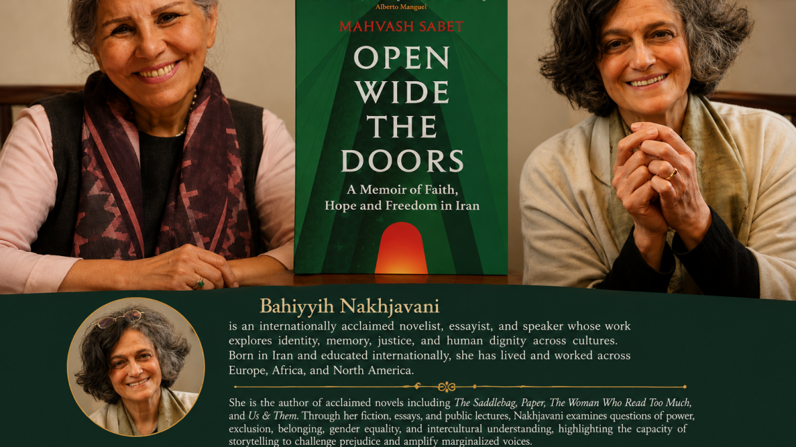Photograph of the author, translator and cover of the book.