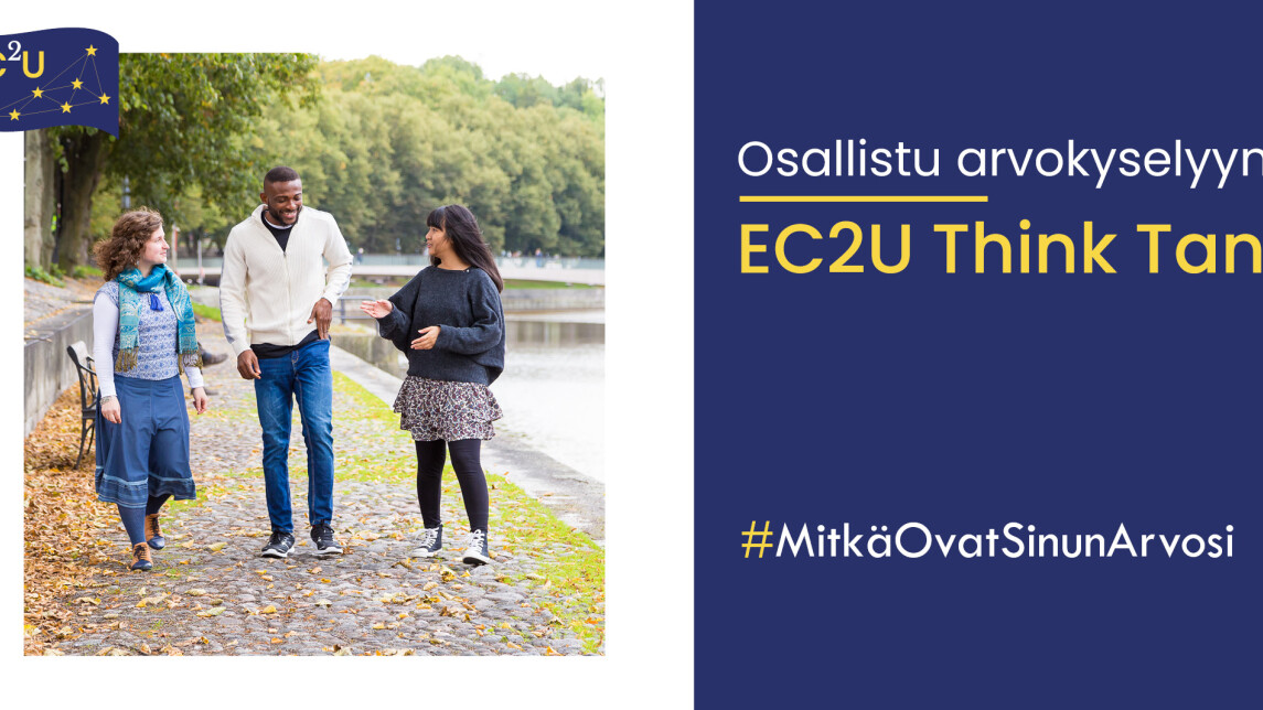 Kolme henkilöä kävelee Aurajoen rannalla, teksti kannustaa osallistumaan kyselyyn.