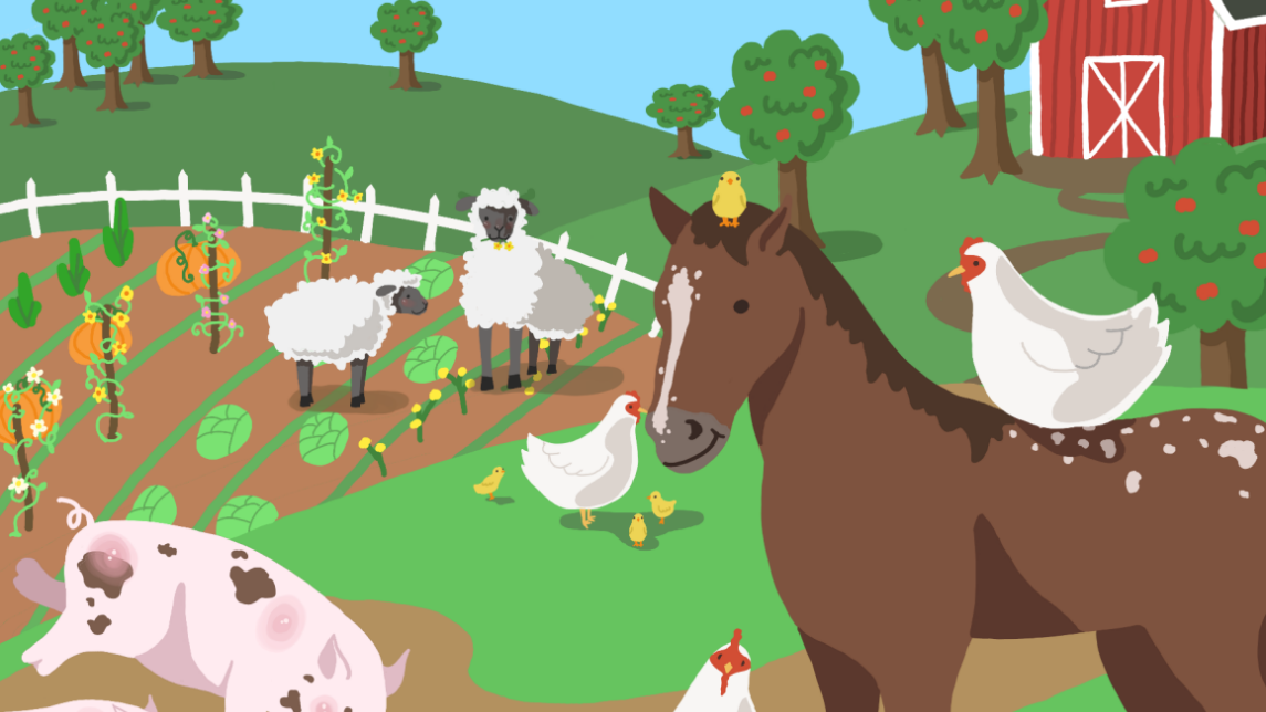 graafinen kuvituskuva maatilasta aurinkoisena kesäpäivänä. Taustalla vihreitä kumpuja, aurinkoinen taivas, punainen maatalo ja etualalla possuja, hevonen, lampaita ja kanoja