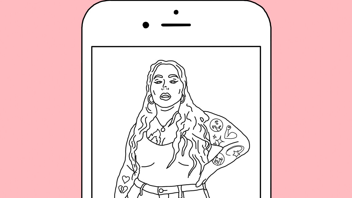 Piirros, jossa nainen poseeraa kännykän ruudulla