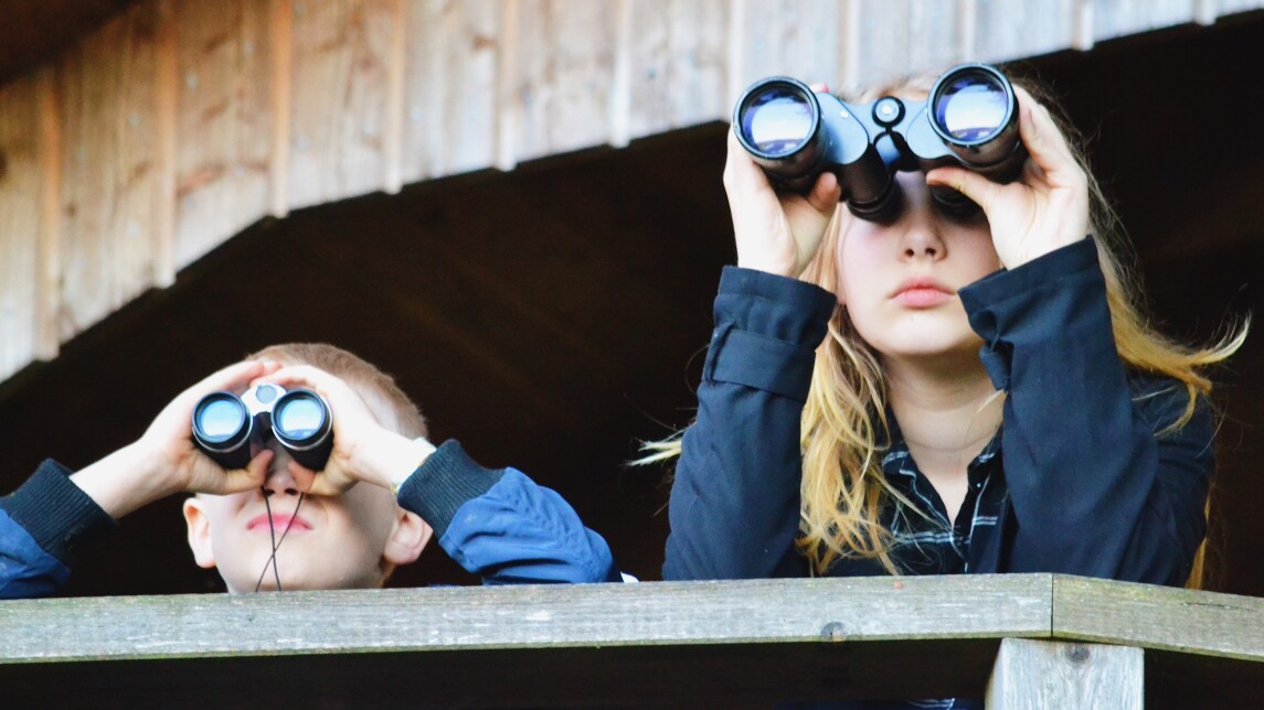 Kaksi lasta kiikaroi.