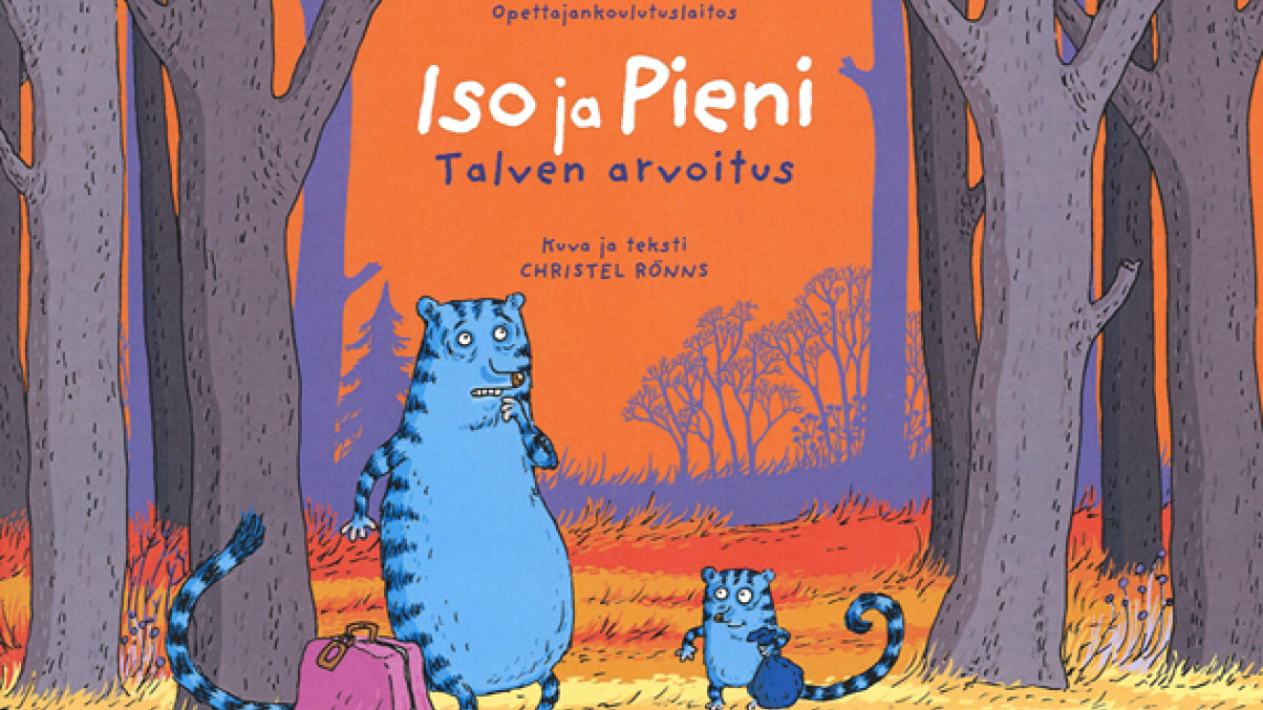 Lastenkirjan kansi, jossa siniset Iso ja Pieni -hahmo ovat metsässä sekä kirjan nimi.