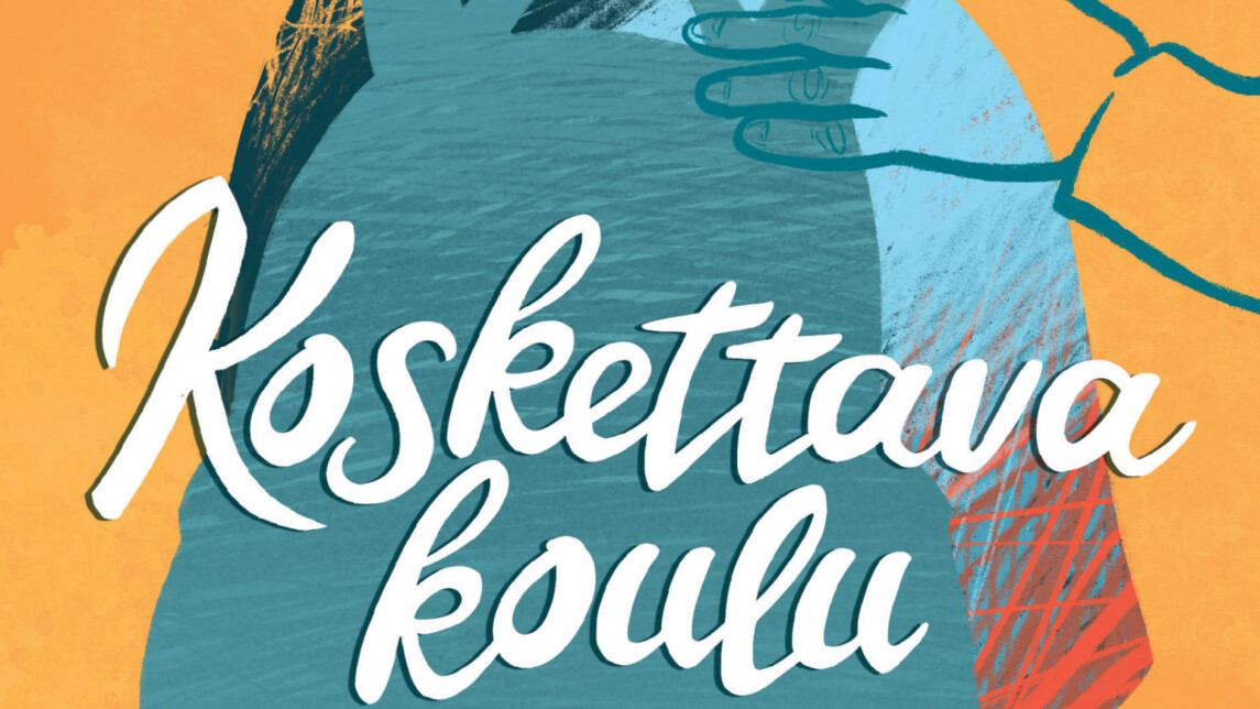 Koskettava koulu -kirjan kansikuva, jossa käsi koskettaa reppuselkäisen koululaisen selkää ja kannessa kirjan nimi.