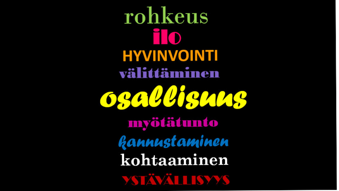 kouluhyvinvointierkon avainsanat rohkeus, ilo, hyvinvointi, välittäminen, osallisuus, myötätunto, kannustaminen, kohtaaminen, ystävällisyys