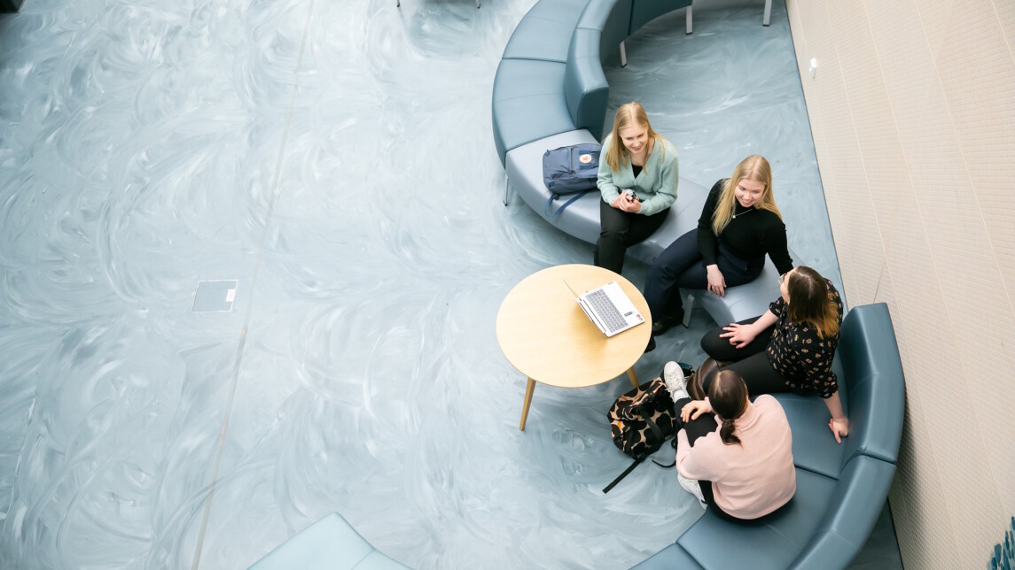 Neljä henkilöä istuu mutkittelevalla penkillä juttelemassa, kuva otettu ylhäältä.