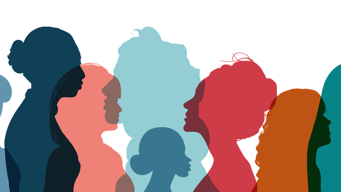 graafinen kuvituskuva jossa lomittain naisten siluetteja punaisella, sinisellä ja vihreällä