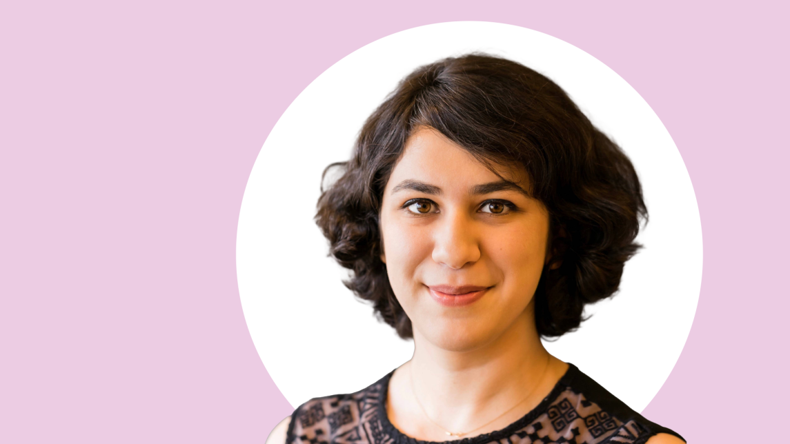 A photo of Bahar Mostafiz with pink and white background.