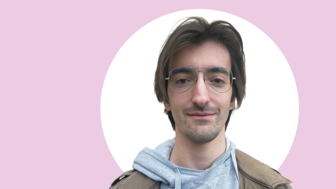 A photo of Paolo Buttazzoni, pink and white background.