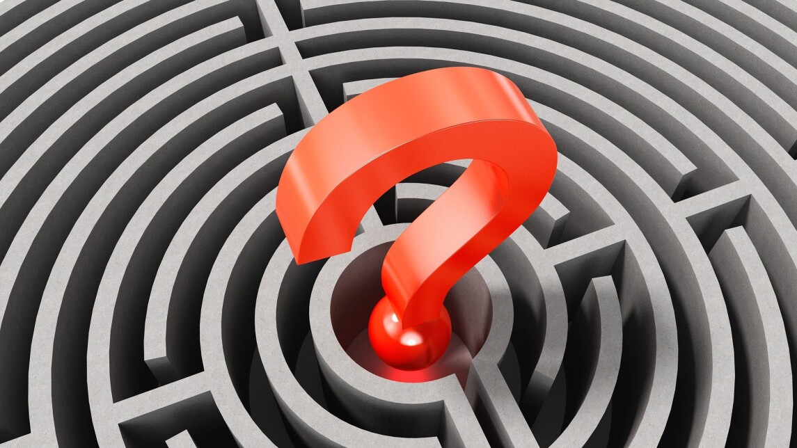 Kuvituskuva, jossa punainen kysymysmerkki labyrintin keskellä. 