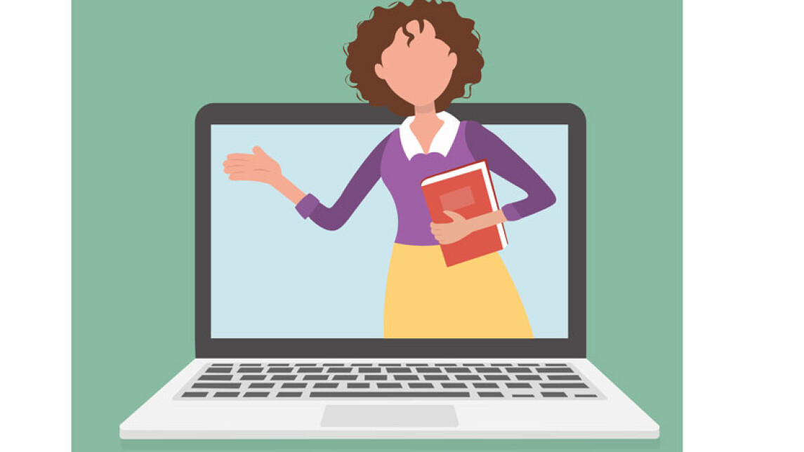 Opettajapiirroshahmo tulee ulos kannettavan tietokoneen näytöltä.