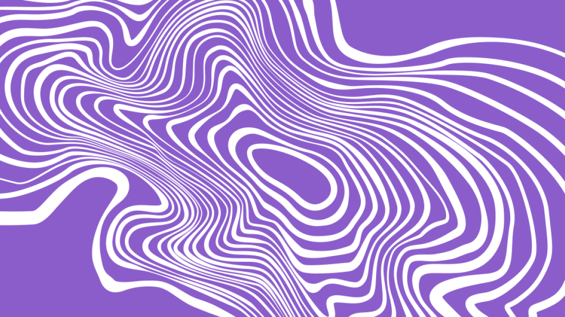 Valkoista kiemuraista kuviota violetilla taustalla.