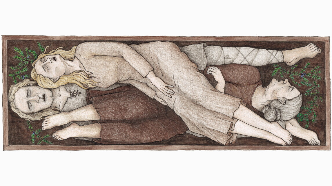 Piirroskuva kolmen ihmisen joukkohaudasta.