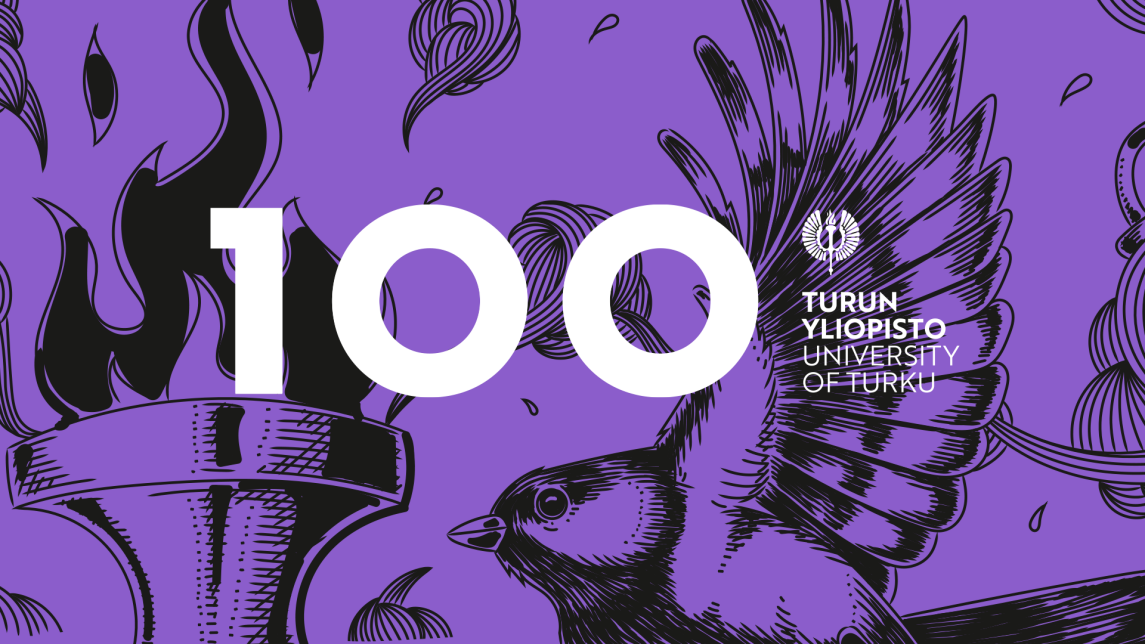 Turun yliopiston 100-vuotis juhlavuoden tunnus ja kuvitus.