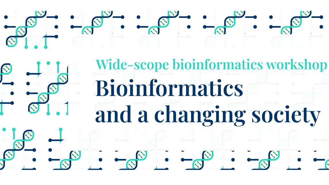 dna kierteitä ja sinisiä kiemuroita, tapahtumateksti keskellä