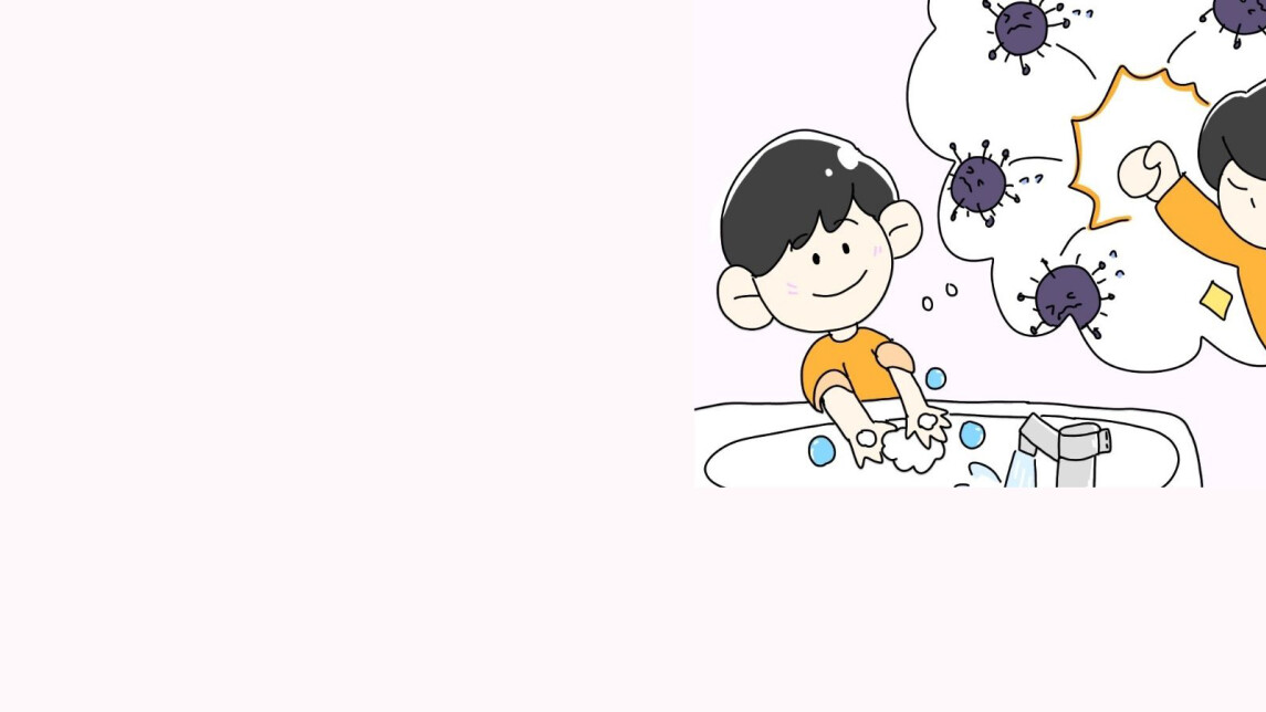 piirroskuva, lapsi pesee käsiä , ajatuskuplassa koronaviruksia