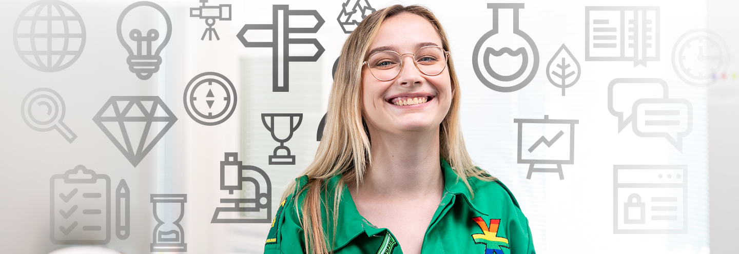 Kuvituskuva, jossa opiskelija haalareissa