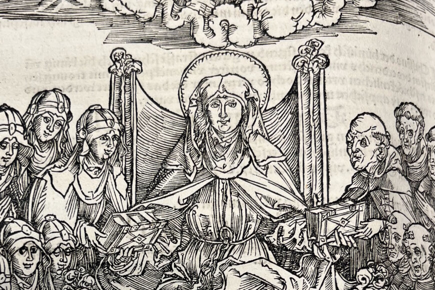 Sivu Pyhän Birgitan Revelationes-kirjasta, keskellä Pyhä Birgitta, taivahalla kaksi kruunupäistä hahmoa ja ympärillä sekalaista seurakuntaaenkeliä ja 