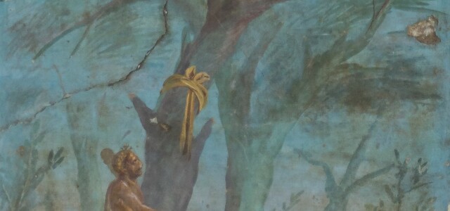 Antiikinaikainen roomalainen fresko Herkuleesta halaamassa omenapuuta