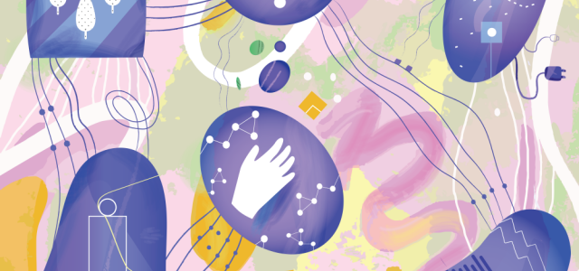 Kuvituskuva, jossa violetti hahmo puhuu ja hänen ympärillään on kuvioita.