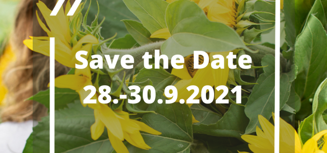 Save the Date 28.-30.9.2021 teksti, taustalla auringonkukkia