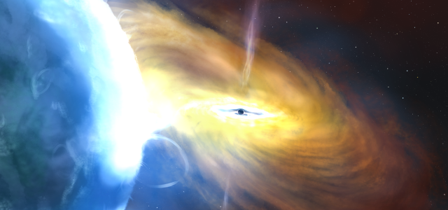 Taiteilijan näkemys Cygnus X-1 -järjestelmästä, jossa keskellä on musta aukko ja sen kumppanitähti kuvassa vasemmalla / An artist’s impression of the Cygnus X-1 system, with the black hole appearing in the center and its companion star on the left