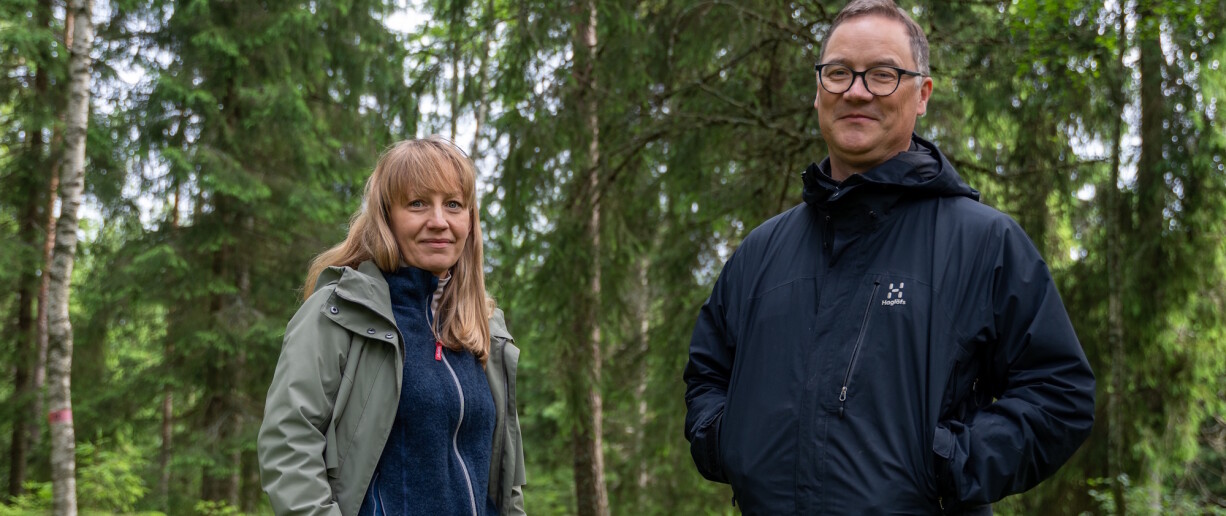 Jutta Mäkinen ja Toni Laaksonen metsässä.