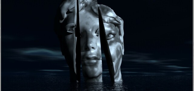 kuvituskuva naisen kasvoja esittävästä patsaasta, joka on haljennut kolmeen osaan