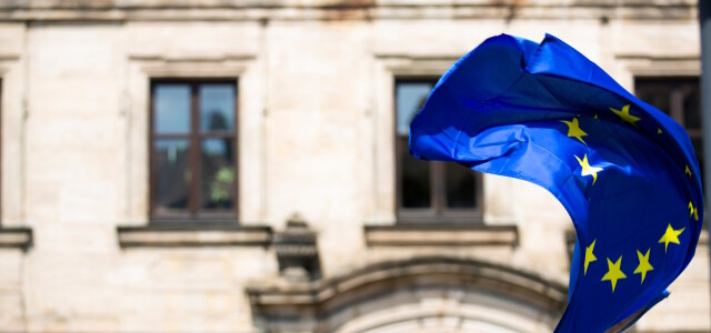 Liehuva EU:n lippu taustallaan vanhan rakennuksen ikkunarivi