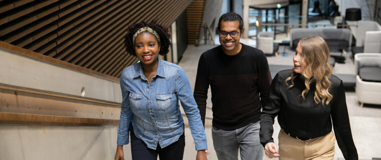 Kolme henkilöä nousemassa portaita.