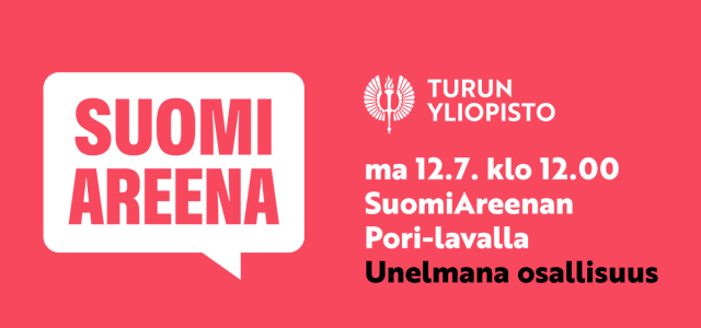 SuomiAreenan logo sekä tieto Turun yliopiston ohjelmasta