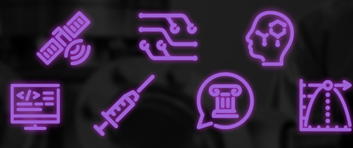 Violetteja symboleja mustalla taustalla.