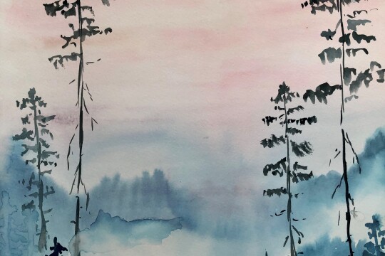 akvarellimaisema, puita