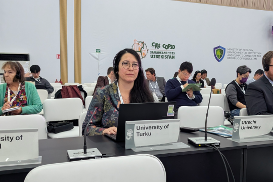 Researcher Caroline Fukushima attending the CoP20 meeting as an observer. Rows of people sitting in a conference room, Caroline pictured in the front row