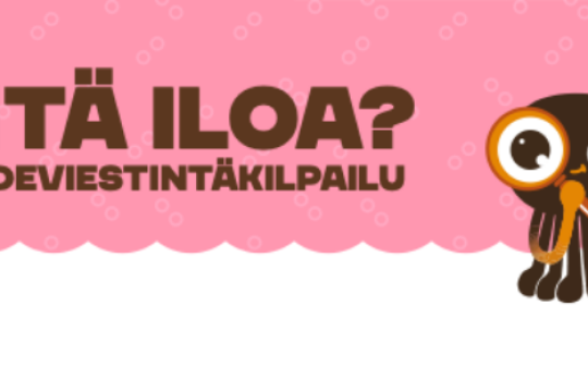 Otsikko "Mitä iloa? -tiedeviestintäkilpailu", jonka vieressä suurennuslasin läpi katsova mustekala.