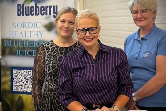 Ella Koivuniemi, Minna Storm ja Hannele Mäntymäki poseeraamassa mustikoiden kanssa