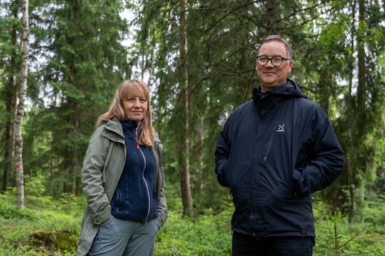 Jutta Mäkinen ja Toni Laaksonen metsässä.