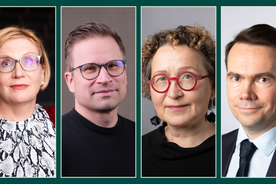 Maija Setälä, Mikko Niemelä, Anu Koivunen ja Antti Saraste lähikuvissa, neljä yksittäistä kuvaa yhdistetty.