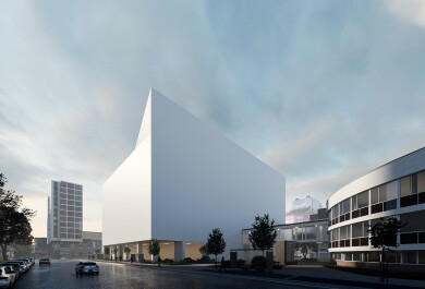 Havainnekuva Uusi Dentalia -kokonaisuudesta. Kuvassa uudisrakennus on havainnollistettu massamallina, josta puuttuvat vielä ikkunat