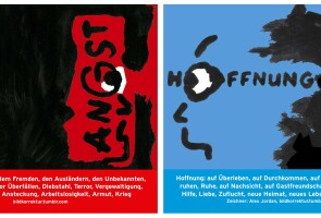 saksankielinen sarjakuvaruutu, jonka toisella puolella lukee "angst" (pelko) ja toisella "hoffnung" (toivo)