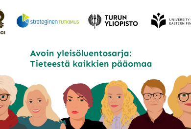 Kuusi kuvitettua ihmistä tekstin alla: "Avoin yleisöluentosarja: Tieteestä kaikkien pääomaa". FINSCI-hankkeen, Strategisen tutkimuksen neuvoston, Turun yliopiston ja Itä-Suomen yliopiston logot.