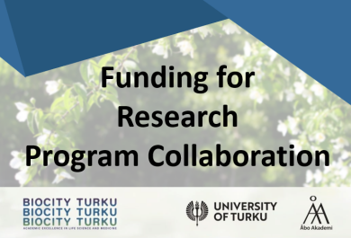 Banner with text "Funding for Research Program Collaboration" and logos of Biocity Turku, University of Turku and Åbo Akademi University.