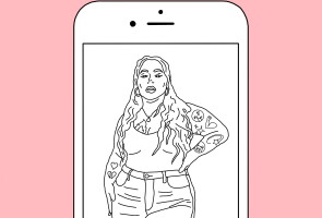Piirros, jossa nainen poseeraa kännykän ruudulla