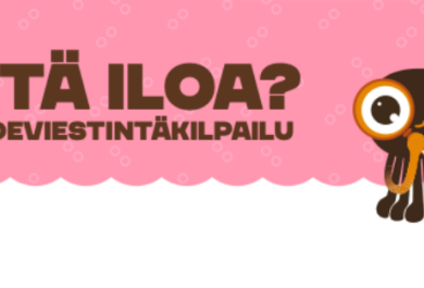 Otsikko "Mitä iloa? -tiedeviestintäkilpailu", jonka vieressä suurennuslasin läpi katsova mustekala.