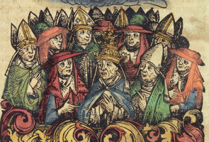 Vuoden 1493 Nurembergin kronikan kuva Ferrara-Firenzen kirkolliskokouksen osallistujista