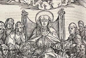Sivu Pyhän Birgitan Revelationes-kirjasta, keskellä Pyhä Birgitta, taivahalla kaksi kruunupäistä hahmoa ja ympärillä sekalaista seurakuntaaenkeliä ja 
