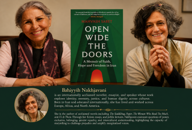 Photograph of the author, translator and cover of the book.