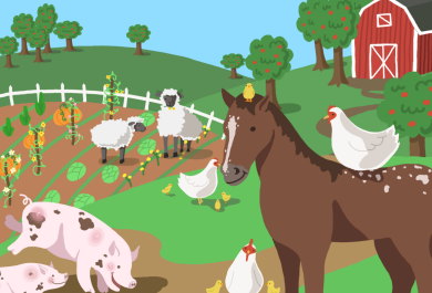 graafinen kuvituskuva maatilasta aurinkoisena kesäpäivänä. Taustalla vihreitä kumpuja, aurinkoinen taivas, punainen maatalo ja etualalla possuja, hevonen, lampaita ja kanoja