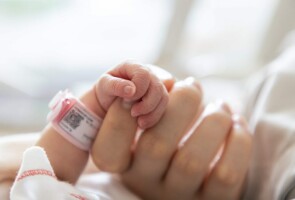 Vauvan sormet pitävät kiinni aikuisen kädestä.