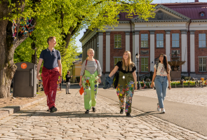 Neljä opiskelijaa kävelee Turussa vähätorilla.