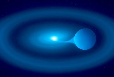 Tekoälyllä laadittu havainnekuva kaksoistähdistä, joista toisesta virtaa materiaa toiseen.